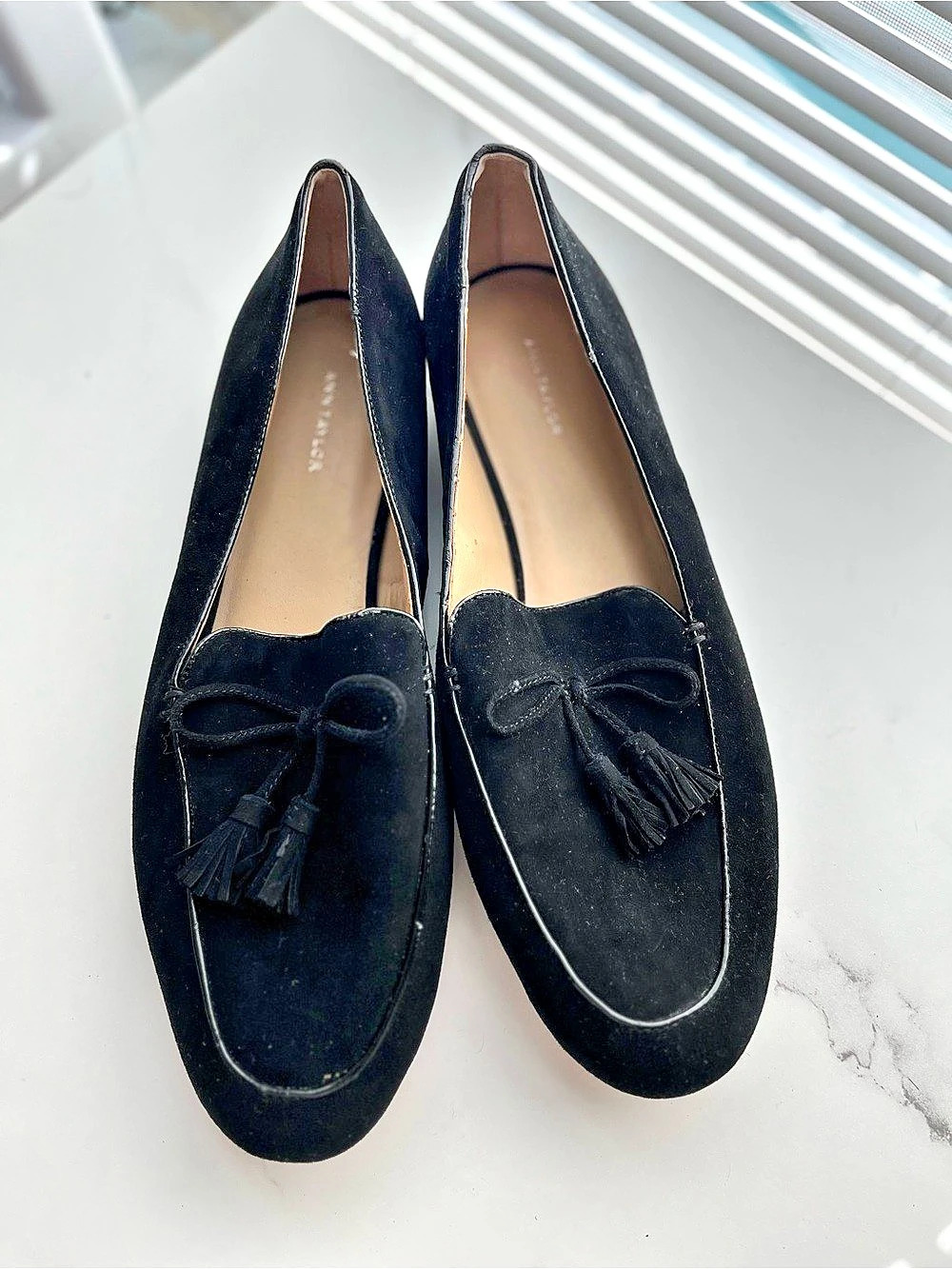 Ann Taylor Black Tassel Suede Loafers